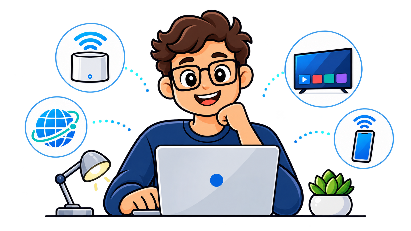 Smiling person using a laptop with internet, Wi-Fi, smart TV and phone connectivity